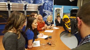 The WVU News team takes in a final debrief from Professor Dahlia at the wrap of Newscast 6.